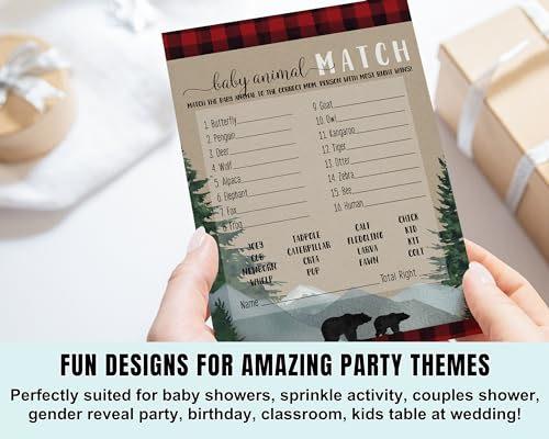 Lumberjack Baby Shower Game Animal Matching for All Occasions Fun Guessing Activities Guests Play, Rustic Bear Red and Black, 5x7, 25 Pack - Paper Clever Party