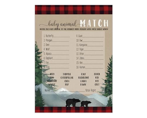 Lumberjack Baby Shower Game Animal Matching for All Occasions Fun Guessing Activities Guests Play, Rustic Bear Red and Black, 5x7, 25 Pack - Paper Clever Party