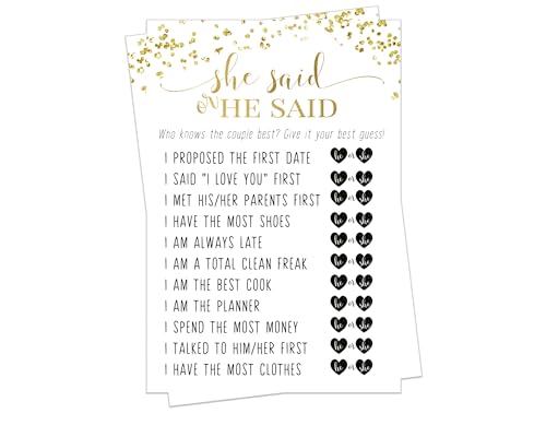 Elegant Black and Gold He or She Said Bridal Shower Game - Modern 5x7 Cards for 25 Guests, Plus Bride Best Challenge - Paper Clever Party