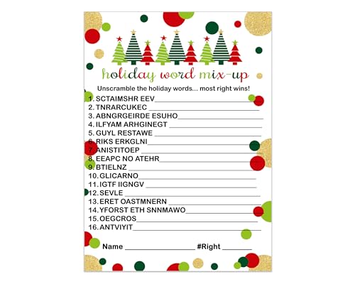 Jolly Trees Christmas Word Scramble Game, Holiday Unscramble Party ActivityPaper Clever Party