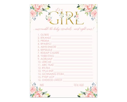 Girl Baby Shower Word Scramble Game Cards (25 Pack) Unscramble Activity Guests Play, Rustic Flower Event Supply, Blush Gold, 5x7Paper Clever Party