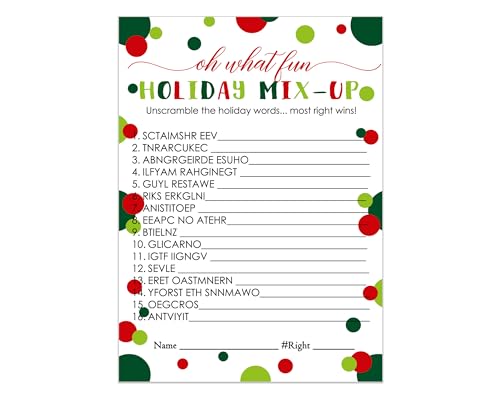 Oh Fun Christmas Word Scramble Game, Holiday Activity for Adults, Office Party, Groups, Thanksgiving, Red and Green Favors, 25 Pack, 5x7 Cards - Paper Clever Party