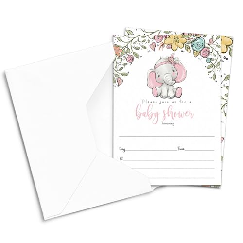 Paper Clever Party Cottage Elephant Baby Shower Invitations Girls, DIY 5x7 Pink Floral Invite CardsPaper Clever Party