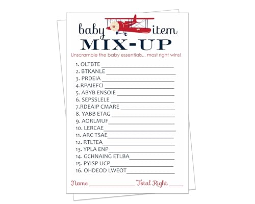 Airplane Baby Shower Word Scramble Game Cards (25 Pack) Unscramble Guessing Activity Cards- Boys Adventure Red Blue Themed Supplies - Printed 4Paper Clever Party