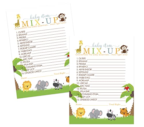 Cute Jungle Baby Shower Word Scramble Game Cards (25 Pack) Unscramble ActivityPaper Clever Party