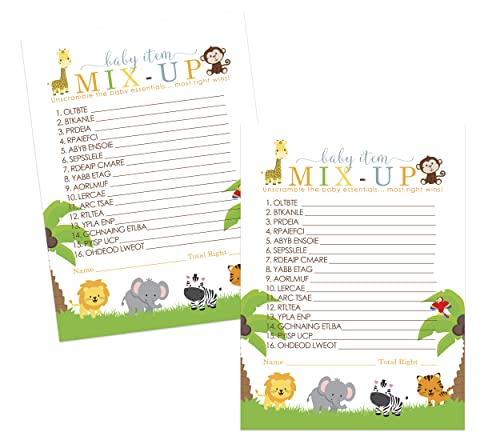 Cute Jungle Baby Shower Word Scramble Game Cards - 25 Pack Unscramble Activity for Gender Reveal Boy Girl Themed Safari Animal Supply - Paper Clever Party