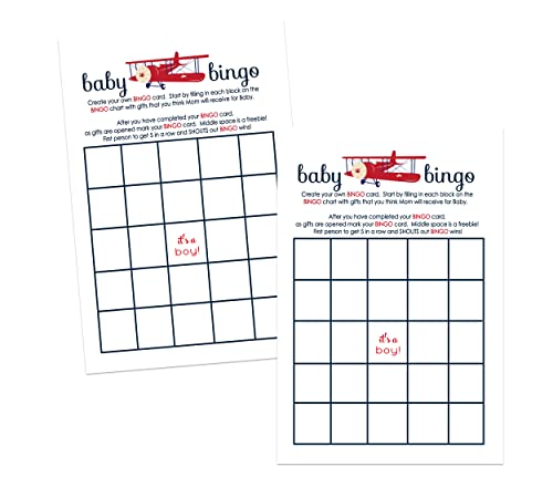 Baby Shower Bingo Game Cards - 25-Pack, Airplane Theme, Red & Blue Landing Soon Design - Paper Clever Party