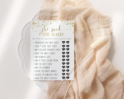 Elegant Black and Gold He or She Said Bridal Shower Game - Modern 5x7 Cards for 25 Guests, Plus Bride Best Challenge - Paper Clever Party