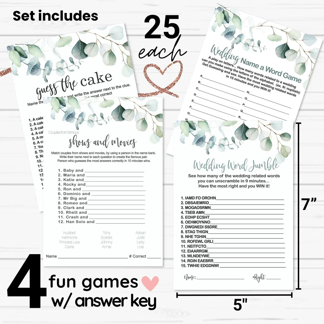 Greenery Bridal Shower Games (25 Each) Guess the Cake, Word Scramble, Famous Pairs, Wedding Name Game, Fun Wedding Activity Engagement Party, Rehearsal Dinner, Double-Sided Cards Bundle