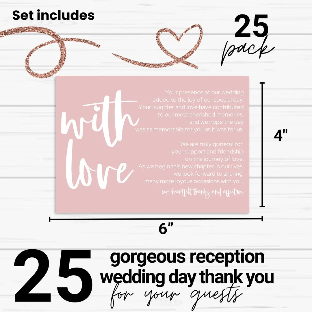 Majesty Pink Wedding Reception Thank You Cards (25 Pack) Modern Table Favors, Elegant Guest Seating Centerpieces, With Love and Gratitude from the Newlyweds, 4x6 Set Minimalist