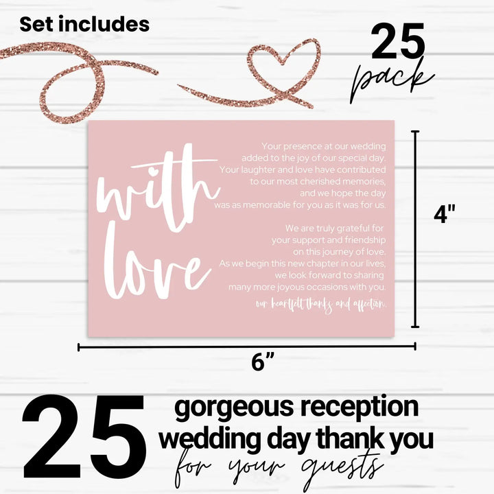 Majesty Pink Wedding Reception Thank You Cards (25 Pack) Modern Table Favors, Elegant Guest Seating Centerpieces, With Love and Gratitude from the Newlyweds, 4x6 Set Minimalist