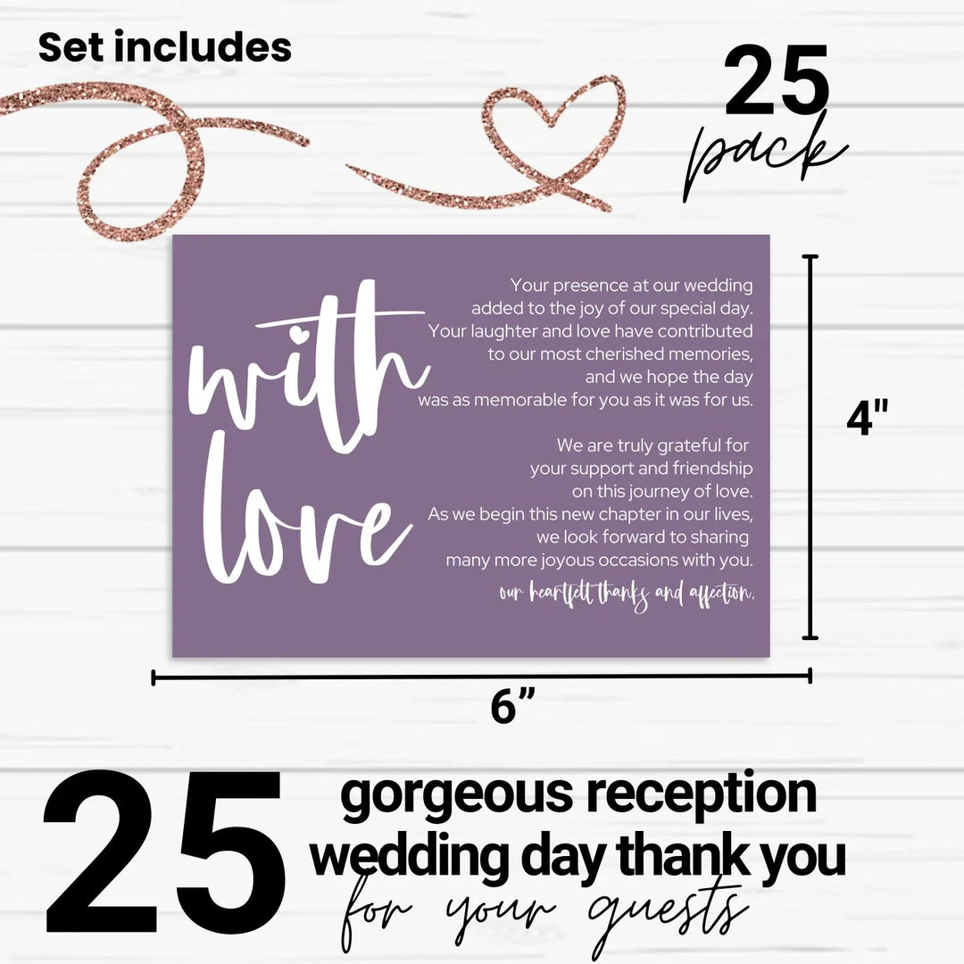 Everafter Plum Wedding Reception Thank You Cards (25 Pack) Modern Table Favors, Elegant Guest Seating Centerpieces, With Love and Gratitude from the Newlyweds, 4x6 Set