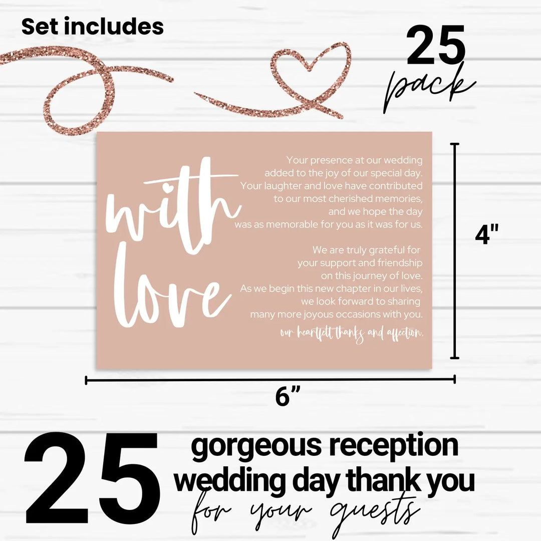 Desert Rose Wedding Reception Thank You Cards (25 Pack) Modern Table Favors, Elegant Guest Seating Centerpieces, With Love and Gratitude from the Newlyweds, 4x6 Set