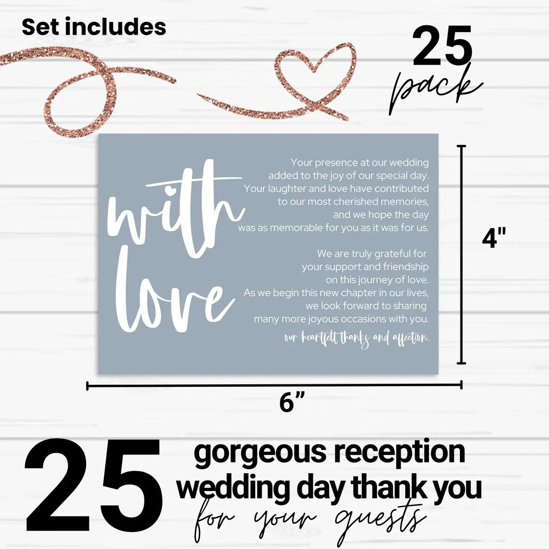 Dusty Blue Wedding Reception Thank You Cards (25 Pack) Modern Table Favors, Elegant Guest Seating Centerpieces, With Love and Gratitude from the Newlyweds, 4x6 Set