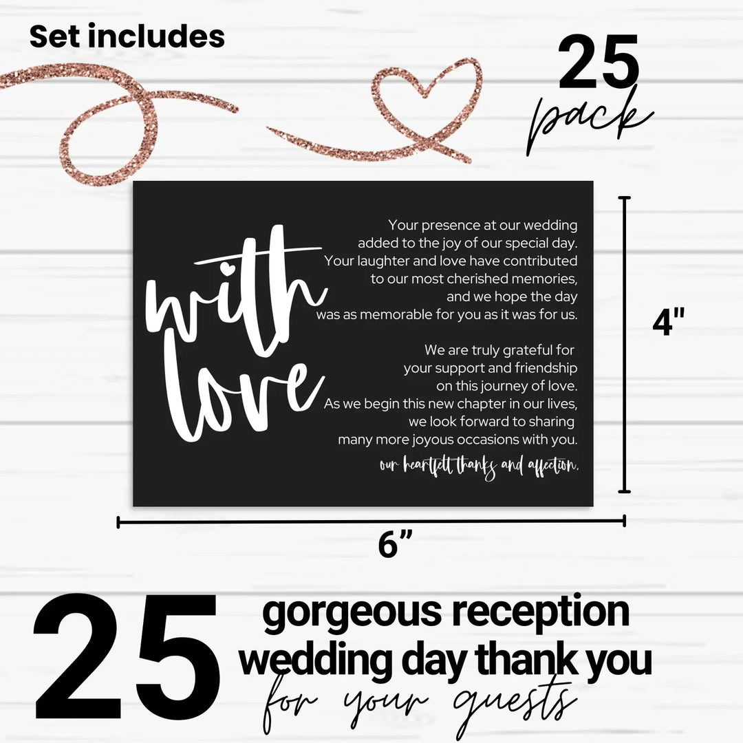 Modern Typography Wedding Thank You Cards for Guests (25 Pack) - Reception Table Favors or Bridal Centerpieces, Love & Gratitude, Elegant Black with White, 4x6 Set