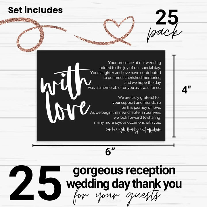 Modern Typography Wedding Thank You Cards for Guests (25 Pack) - Reception Table Favors or Bridal Centerpieces, Love & Gratitude, Elegant Black with White, 4x6 Set