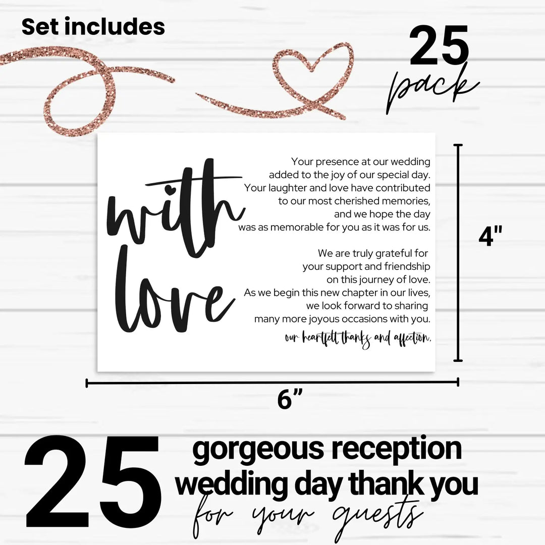 Elegant Black & White Wedding Thank You Cards for Guests (25 Pack) - Reception Table Favors or Bridal Centerpieces, Love & Gratitude, 4x6 Set