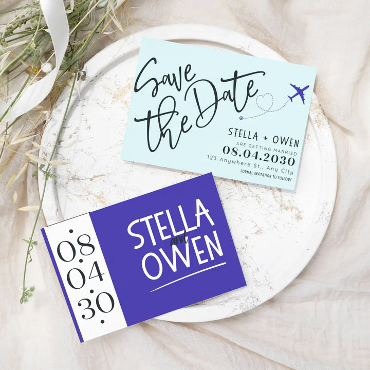 Custom minty aqua and lilac save the date cards - personalized 4x6 inch invitations with elegant typography white