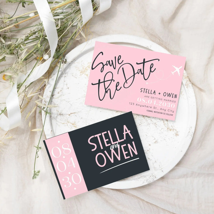 Custom Peony Pink and Black Save the Date Cards - Personalized 4x6 Inch Invitations with Elegant Typography and White Envelopes - Perfect for Weddings, Birthdays, and Showers