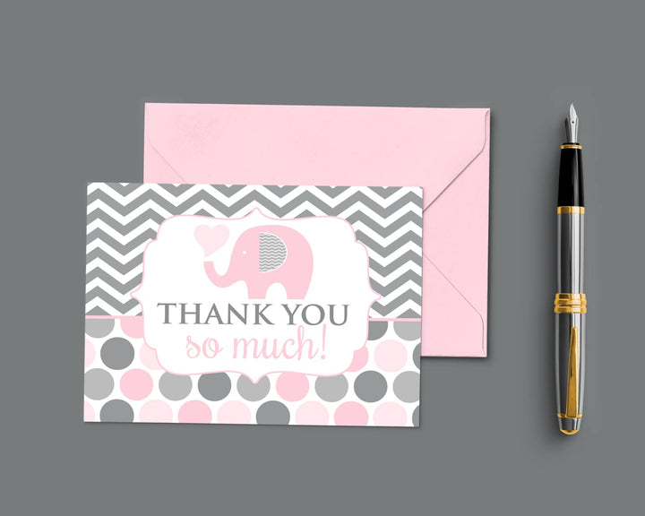 Adorable Pink Elephant Thank You Cards - 20-Pack for Girl Baby Showers, Jungle Princess Theme - Paper Clever Party