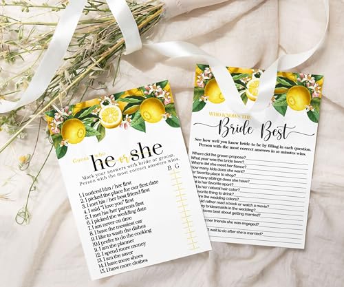 Would She Rather Main Squeeze Bridal Shower Game - Lemon & Greenery This or That, 5x7 Cards for 25 Guests - Paper Clever Party