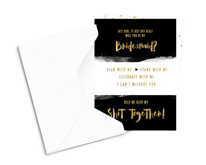 Bridesmaid Cards with Envelopes, Black and Gold, 6 Pack - Paper Clever Party