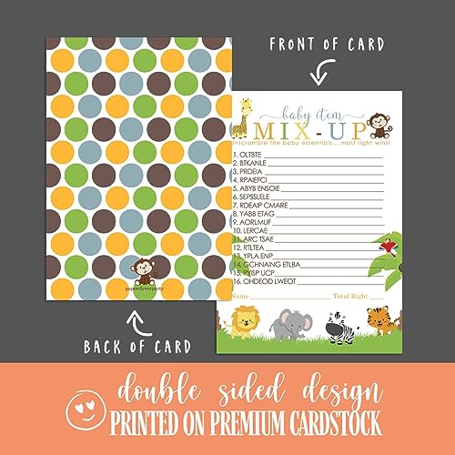 Cute Jungle Baby Shower Word Scramble Game Cards - 25 Pack Unscramble Activity for Gender Reveal Boy Girl Themed Safari Animal Supply - Paper Clever Party