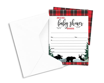 Lumberjack Boy’s Baby Shower Invites - 25ct, Red & Black, 5x7 - Paper Clever Party