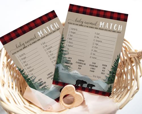 Lumberjack Baby Shower Game Animal Matching for All Occasions Fun Guessing Activities Guests Play, Rustic Bear Red and Black, 5x7, 25 Pack - Paper Clever Party