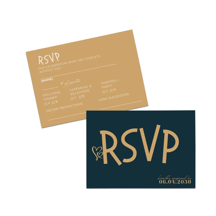 Custom Celestial Gold RSVP Cards with Elegant Black Calligraphy - Premium Card Stock, 4x6 Inch Size