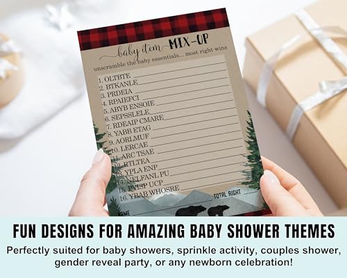 Lumberjack Baby Shower Game Word Scramble Cards (25 Pack) Unscramble Activity Baby Bear Shower Games - Red Black Plaid Themed - Printed 5x7 Size SetPaper Clever Party