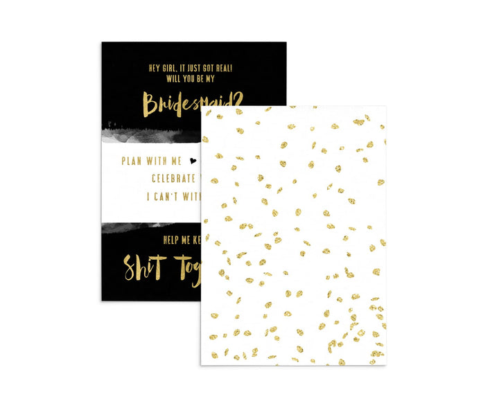 Bridesmaid Cards with Envelopes, Black and Gold, 6 Pack - Paper Clever Party