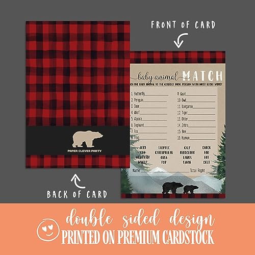 Lumberjack Baby Shower Game Animal Matching for All Occasions Fun Guessing Activities Guests Play, Rustic Bear Red and Black, 5x7, 25 Pack - Paper Clever Party