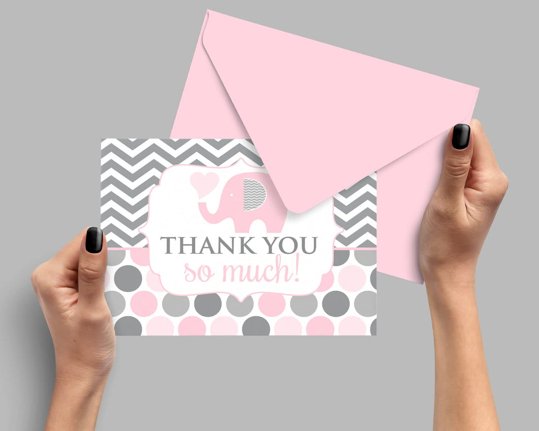 Adorable Pink Elephant Thank You Cards - 20-Pack for Girl Baby Showers, Jungle Princess Theme - Paper Clever Party