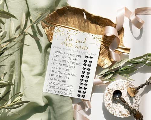 Elegant Black and Gold He or She Said Bridal Shower Game - Modern 5x7 Cards for 25 Guests, Plus Bride Best Challenge - Paper Clever Party