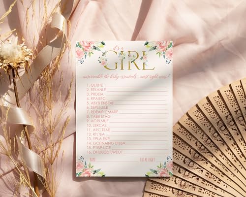 Girl Baby Shower Word Scramble Game Cards (25 Pack) Unscramble Activity Guests Play, Rustic Flower Event Supply, Blush Gold, 5x7Paper Clever Party
