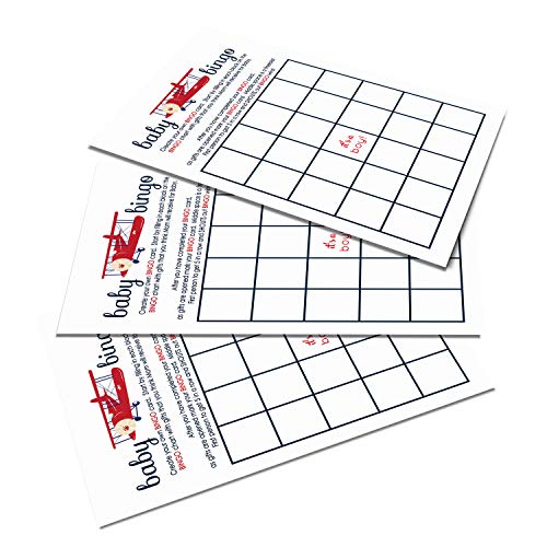 Baby Shower Bingo Game Cards - 25-Pack, Airplane Theme, Red & Blue Landing Soon Design - Paper Clever Party