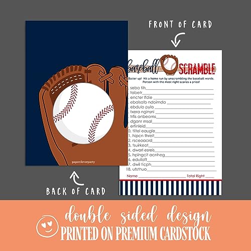 Baseball Word Scramble Game Cards - Fun Party Activity, 25 Guest Pack, 5"x7” - Paper Clever Party