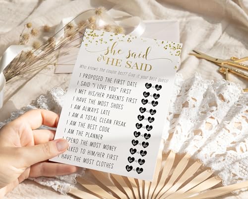 Elegant Black and Gold He or She Said Bridal Shower Game - Modern 5x7 Cards for 25 Guests, Plus Bride Best Challenge - Paper Clever Party