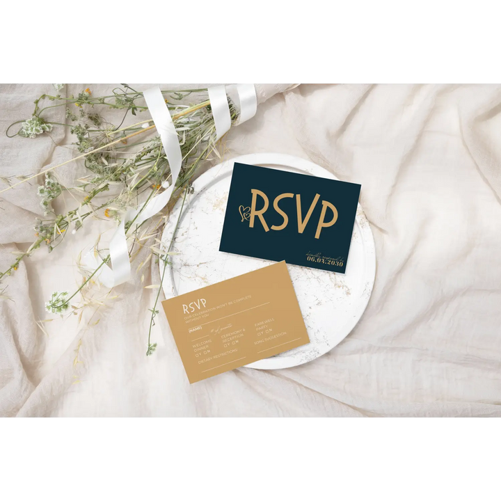 Custom Celestial Gold RSVP Cards with Elegant Black Calligraphy - Premium Card Stock, 4x6 Inch Size