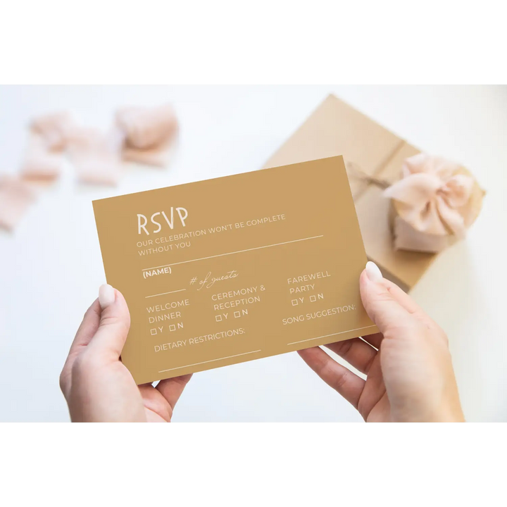 Custom Celestial Gold RSVP Cards with Elegant Black Calligraphy - Premium Card Stock, 4x6 Inch Size