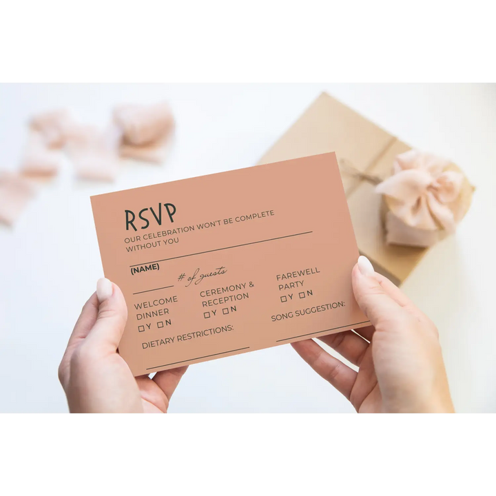 Custom Sunset Coral RSVP Cards with Elegant Black Calligraphy - Premium Card Stock, 4x6 Inch Size