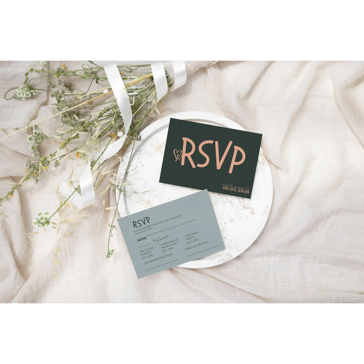 Custom Dusty Blue, Blush, and Slate RSVP Cards with Elegant Calligraphy - Premium Card Stock, 4x6 Inch Size