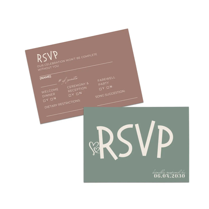 Custom Chocolate Cherry and Willowed Sage RSVP Cards with Elegant Calligraphy - Premium Card Stock, 4x6 Inch Size