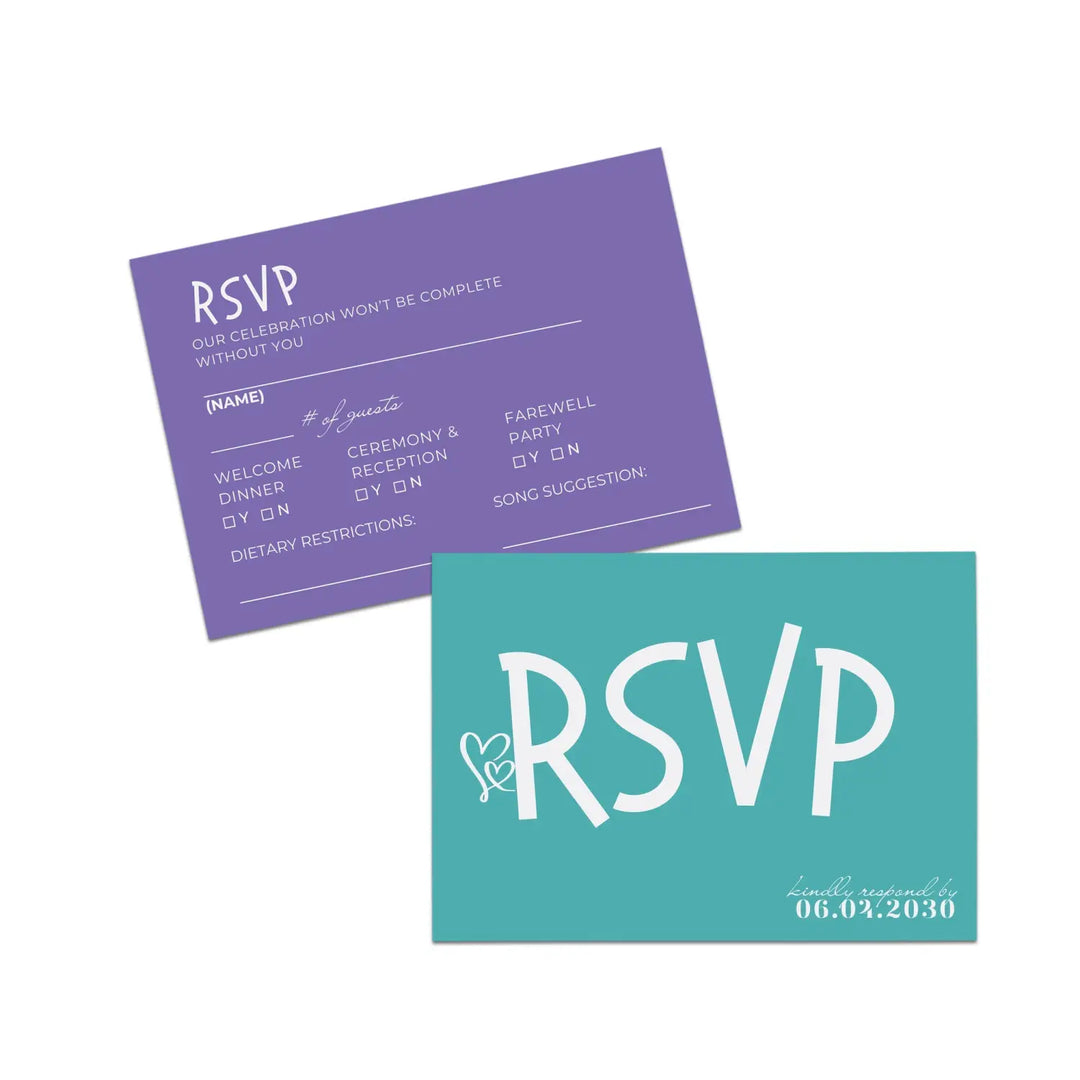 Custom Aqua and Purple RSVP Cards with Elegant Calligraphy - Premium Card Stock, 4x6 Inch Size