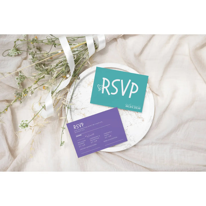 Custom Aqua and Purple RSVP Cards with Elegant Calligraphy - Premium Card Stock, 4x6 Inch Size