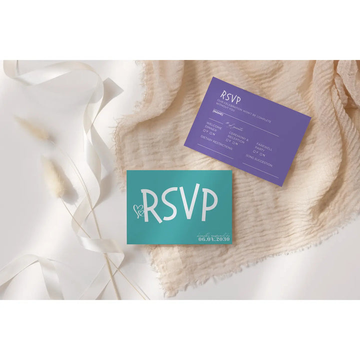 Custom Aqua and Purple RSVP Cards with Elegant Calligraphy - Premium Card Stock, 4x6 Inch Size