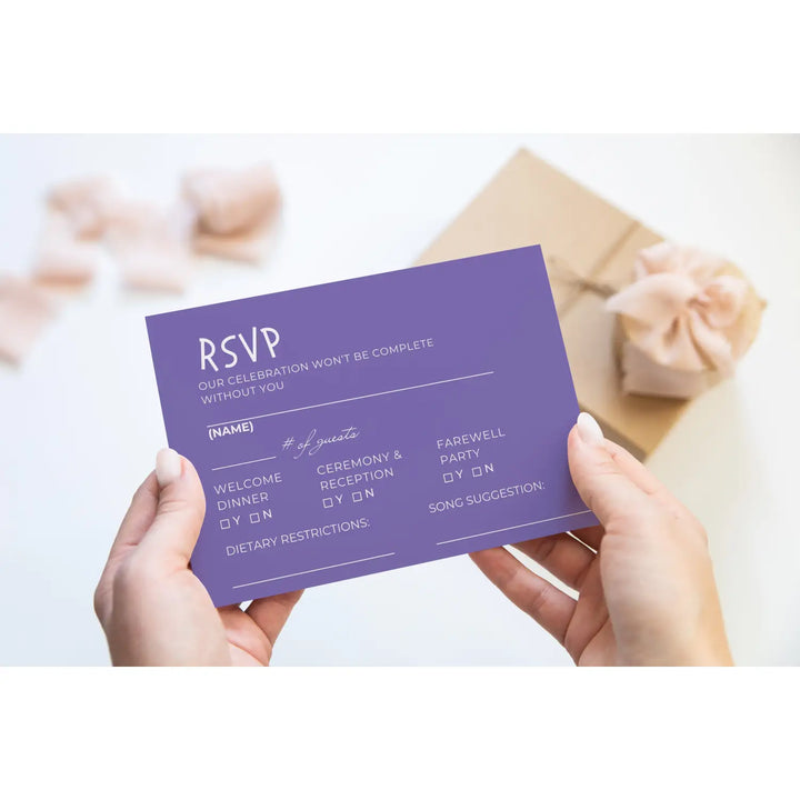 Custom Aqua and Purple RSVP Cards with Elegant Calligraphy - Premium Card Stock, 4x6 Inch Size