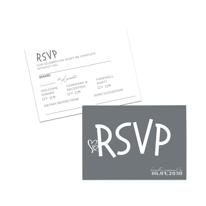 Custom Minimalist White RSVP Cards with Elegant Slate Grey Calligraphy - Premium Card Stock, 4x6 Inch Size