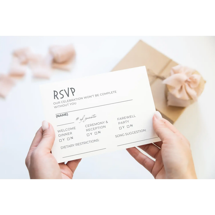 Custom Minimalist White RSVP Cards with Elegant Slate Grey Calligraphy - Premium Card Stock, 4x6 Inch Size